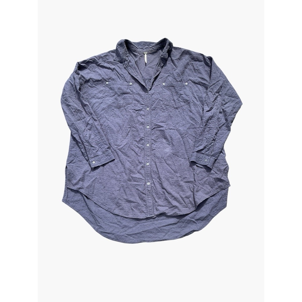 Free People Shirt Womens Medium Gray Button Front Oversized Hi Low Dress Shirt